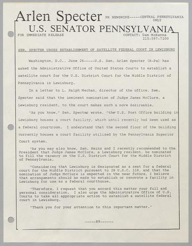 Senator Specter urges establishment of satellite federal court in Lewisburg