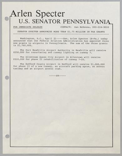 Senator Specter announces more than $1.75 million in FAA grants