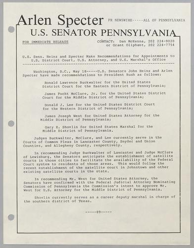 U.S. Senators Heinz and Specter make recommendations for appointments to U.S. District Courts, U.S. Attorney, and U.S. Marshal's office