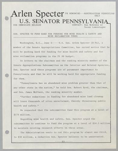 Senator Specter to push hard for funding for mine health and safety, and mine reclamation funds