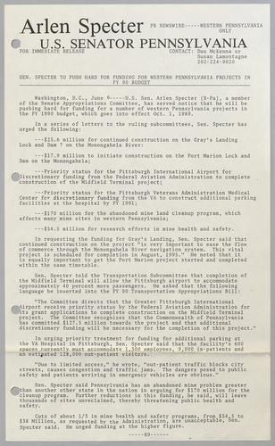 Specter to push hard for funding for western Pennsylvania projects in fiscal year 1990