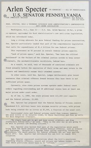 Senators Specter, Dole, and Thurmond introduce Bush Administration's comprehensive anti-crime legislation
