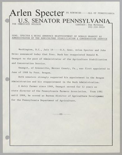 Senators Specter and Heinz announce reappointment of Donald Unangst as Administrator of the Agriculture Stabilization and Conservation Service