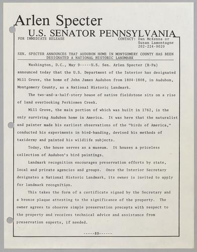 Senator Specter announces that Audubon home in Montgomery County has been designated a National Historic Landmark