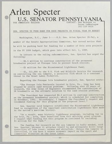 Senator Specter to push hard for Erie projects in fiscal year 1990 budget