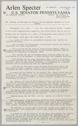 Senator Specter to push hard for funding for Philadelphia projects in fiscal year 1990 budget