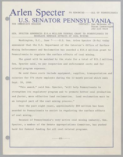 Senator Specter announces $10.6 million federal grant to Pennsylvania to regulate surface effects of coal mining