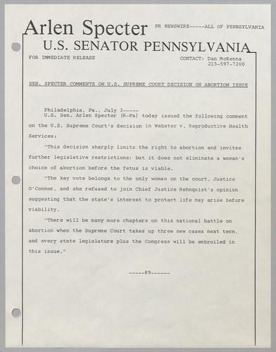 Senator Specter comments on U.S. Supreme Court decision on abortion issue