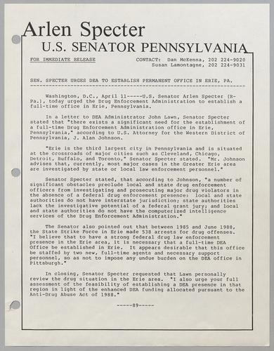 Senator Specter urges DEA to establish permanent office in Erie, PA