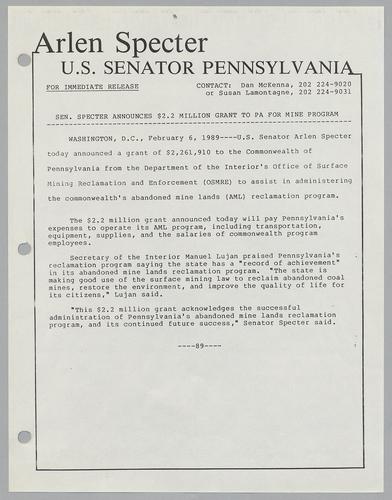 Senator Specter announces $2.2 million grant to PA for mine program