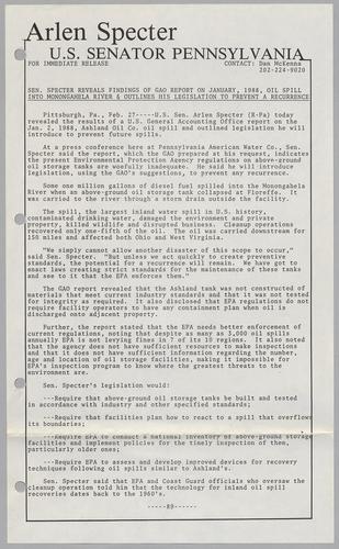 Senator Specter reveals findings of GAO report on January, 1988, oil spill into Monongahela River and outlines his legislation to prevent a recurrence