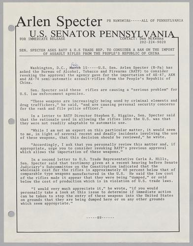 Senator Specter asks BATF and U.S. trade representative to consider a ban on the import of assault rifles from the People's Republic of China