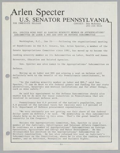 Senator Specter wins post as ranking minority member on Appropriations' Subcommittee on Labor and HHS and spot on Defense Subcommittee