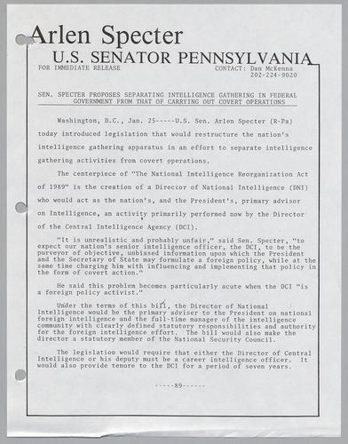 Senator Specter proposes separating intelligence gathering in federal government from that of carrying out covert operations