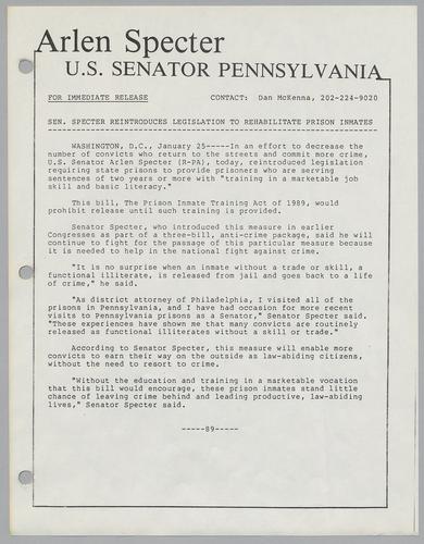 Senator Specter reintroduces legislation to rehabilitate prison inmates