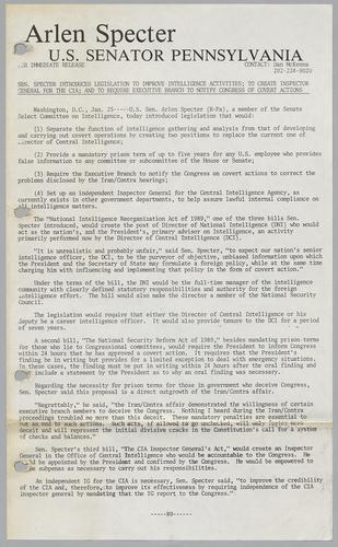 Senator Specter introduces legislation to improve intelligence activities; to create Inspector General for the CIA; and to require executive branch to notify Congress of covert actions