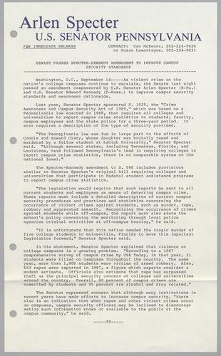 Senate passes Specter-Kennedy amendment to improve campus security standards