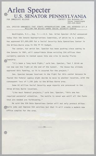 Senator Specter announces that Senate Appropriations Committee has approved $11.9 million for Wilkes-Barre Social Security Center