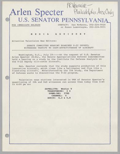 Senate Committee hearing examines V-22 Osprey; witnesses testify to cost-effectiveness of aircraft