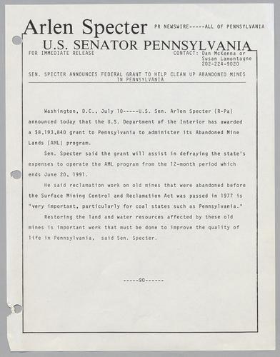 Senator Specter announces federal grant to help clean up abandoned mines in Pennsylvania