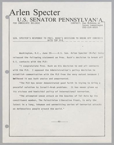 Senator Specter's response to President Bush's decision to break off contacts with the PLO