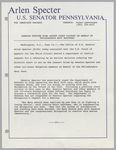 Senator Specter wins latest court victory on behalf of Philadelphia Navy Shipyard