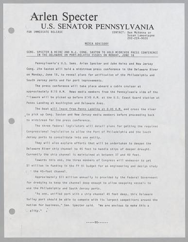 Senators Specter and Heinz, and N.J. Congressman Saxton to hold midriver press conference in the Delaware on port-related issues on Monday, June 18, 1990
