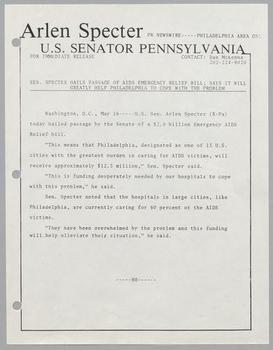 Senator Specter hails passage of AIDS Emergency Relief Bill; says it will greatly help Philadelphia to cope with the problem