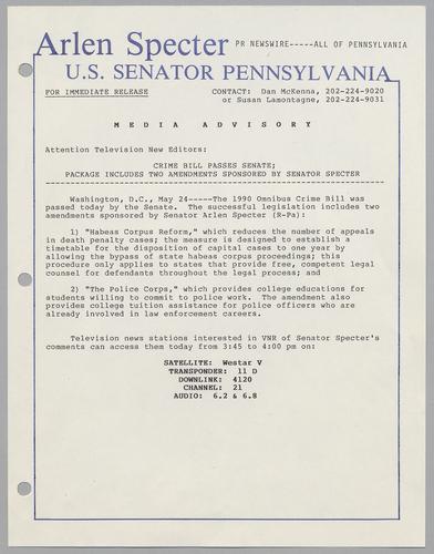 Crime bill passes Senate; Package includes two amendments sponsored by Senator Specter
