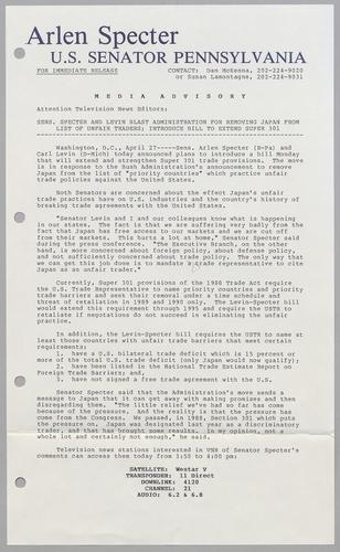 Senators Specter and Levin blast administration for removing Japan from list of unfair traders; introduce bill to extend Super 301