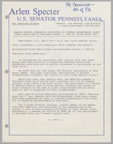 Senator Specter introduces resolution to commend neighborhood crime watch groups and to designate August 7, 1990, as "Crime Watch Day,"
