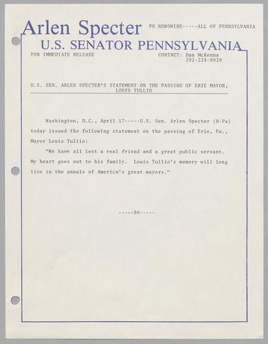 U.S. Senator Arlen Specter's statement on the passing of Erie Mayor Louis Tullio