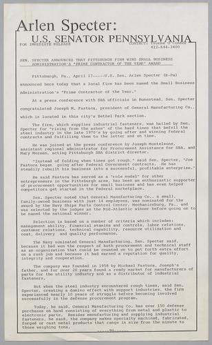 Senator Specter announces that Pittsburgh firm wins Small Business Administration's "Prime Contractor of the Year" award