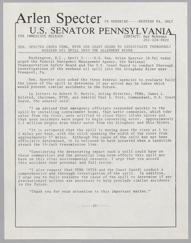 Senator Specter urges FEMA, NTSB, and Coast Guard to investigate thoroughly weekend oil spill into the Allegheny River