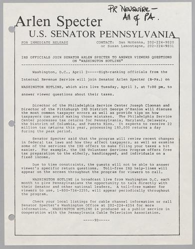 IRS officials join Senator Arlen Specter to answer viewers questions on "Washington Hotline,"