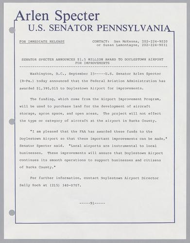 Senator Specter announces $1.5 million award to Doylestown Airport for improvements