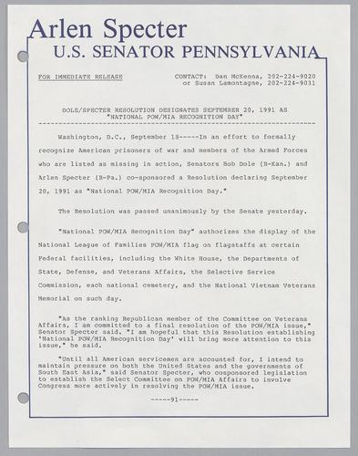 Dole/Specter resolution designates September 20, 1991 as "National POW/MIA Recognition Day,"