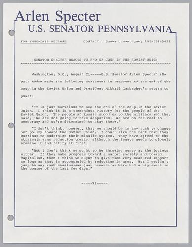 Senator Specter reacts to end of coup in the Soviet Union