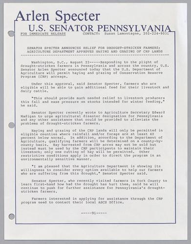 Senator Specter announces relief for drought-stricken farmers; Agriculture Department approves haying and grazing of CRP lands