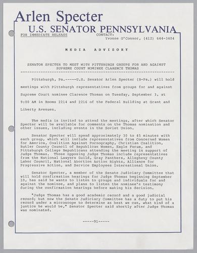Senator Specter to meet with Pittsburgh groups for and against Supreme Court nominee Clarence Thomas