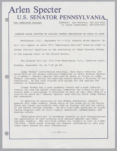 Senator Arlen Specter to discuss Thomas nomination on cable TV show