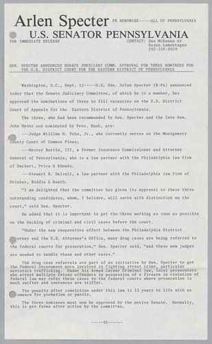 Senator Specter announces Senate Judiciary Committee approval for three nominees for the U.S. District Court for the Eastern District of Pennsylvania