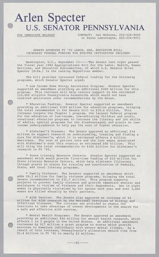 Senate approves fiscal year 1992 Labor, HHS, Education Bill; increased federal funding for Specter initiatives included