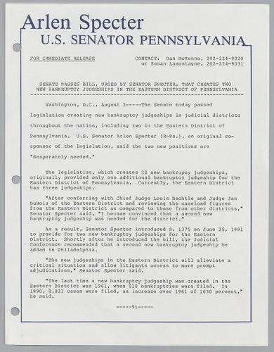 Senate passes bill, urged by Senator Specter, that creates two new bankruptcy judgeships in the Eastern District of Pennsylvania