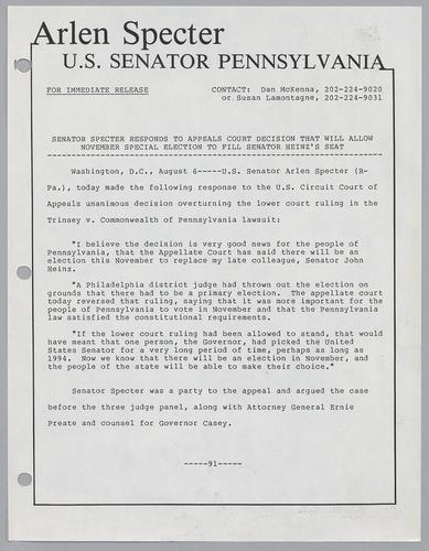 Senator Specter responds to appeals court decision that will allow November special election to fill Senator Heinz's seat