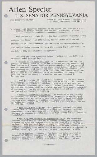 Appropriations Committee approves fiscal year 1992 labor, HHS, education bill; increased federal funding for Specter initiatives included