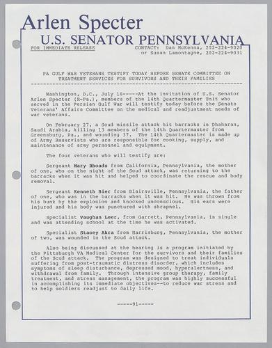 PA Gulf War veterans testify today before Senate committee on treatment services for survivors and their families