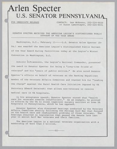 Senator Specter receives the American Legion's distinguished Public Servant of the Year Award
