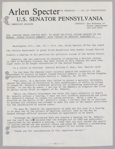 Senator Specter urges Justice Department to grant political asylum hearing to IRA member, Joseph Patrick Doherty: says "spirit of justice" requires it
