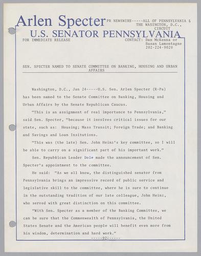 Senator Specter named to Senate Committee on Banking, Housing, and Urban Affairs